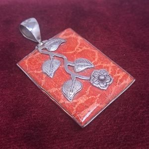 Antique Double Sided Sterling Sliver Pendant Set With Red Coral